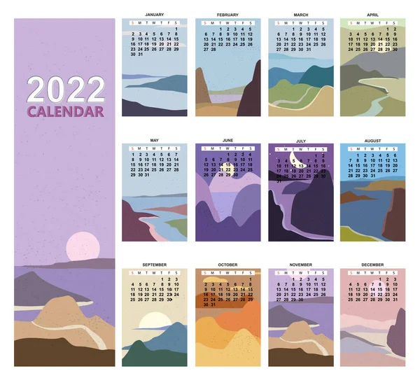 2022 Calendario Planificador abstracto minimalista paisaje contemporáneo fondos naturales. Plantilla mensual para el negocio diario. La semana empieza el domingo. Vector aislado — Archivo Imágenes Vectoriales