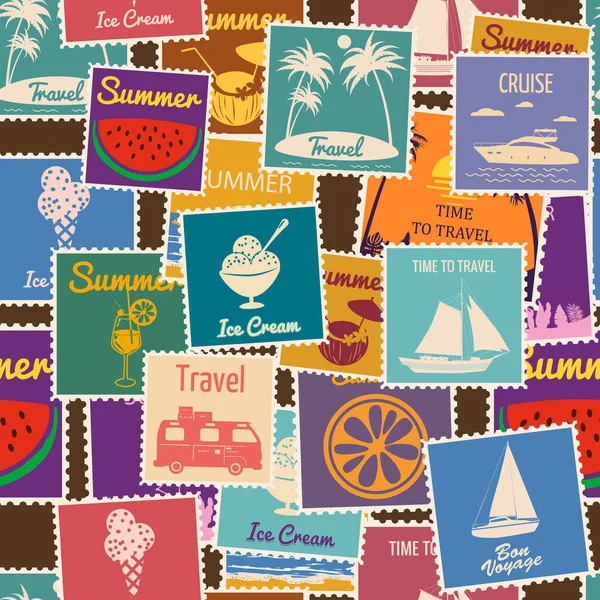 Postage stamps seamless pattern Summer vacation. Retro background signs travel exotic tour. Vector illustration background vintage style — Stock Vector