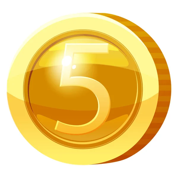 Goldmedaillen-Münze Nummer 5 Symbol. Golden Token für Spiele, Benutzeroberfläche Asset-Element. Vektorillustration — Stockvektor