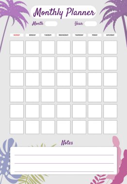 Haftalık Planlayıcı şablon vektörü. Avuç içi çiçeği dekorasyonu. İş defteri yönetimi, düzenleyici