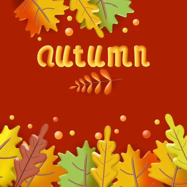 Feuilles d'automne affiche 3D, couleurs jaune, rouge, marron, orange. Bouquet d'automne. Plasticine de rendu 3D minimale, bannière d'illustration vectorielle, affiche — Image vectorielle