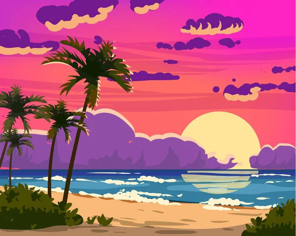 Sunset Ocean Tropikal tatil köyü manzarası. Deniz kıyısı plajı, güneş, dış yüzey palmiyeleri, kıyı şeridi, bulutlar, gökyüzü, yaz tatili. Vektör illüstrasyon çizgi film biçimi