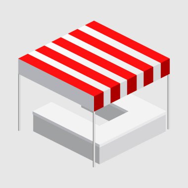 Isome market tezgahı, çadır. Sokak tenteleri, tezgah, panayır için beyaz kırmızı şeritler, sokak yemekleri, market, market malları. Vektör izole edildi