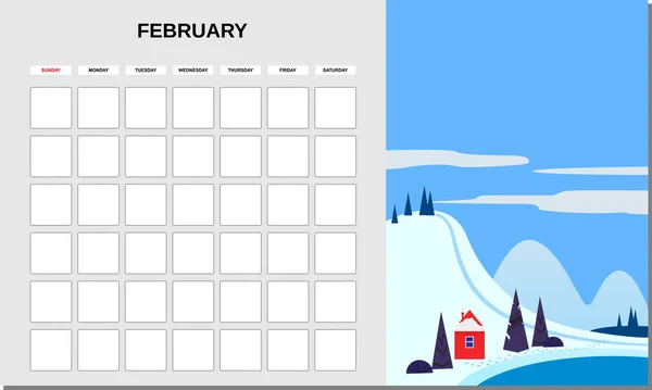 Planificador de Calendario mes de febrero. Paisaje minimalista fondos naturales Invierno. Plantilla mensual para el negocio diario. Vector aislado — Archivo Imágenes Vectoriales