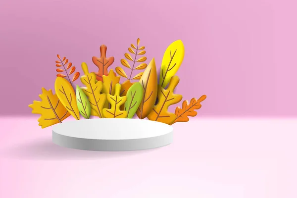 Hojas de otoño 3D amarillo, rojo, marrón, naranja colores. Ramo de otoño, pedestal, escenario, para la presentación del producto de fondo. Plástico de renderizado 3d mínimo, banner de ilustración vectorial, póster — Vector de stock