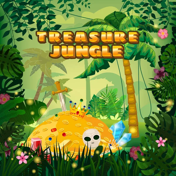 Treasure Jungle, selva tropical, pila pirata de oro llena de monedas de oro espada corona gemas. Bosque exótico palmeras diferentes plantas exóticas hojas, flores, lianas, floral, paisaje de fondo. Vector — Archivo Imágenes Vectoriales