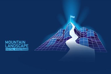 Tepesinde patika olan dijital manzara dağları. Başarı, iş hedefleri, başarı. Soyut kablo çerçevesi. Üç boyutlu kablo şebekesi şebekesi illüstrasyon kavramı. Vektör arkaplanı