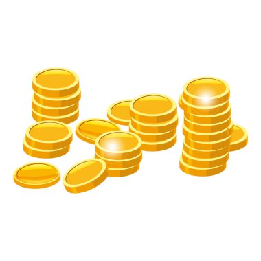 Altın para yığını. Yığınla altın para ikonu istiflenmiş, finansal para birimleri stokları. Vektör çizgi film biçimi illüstrasyonu