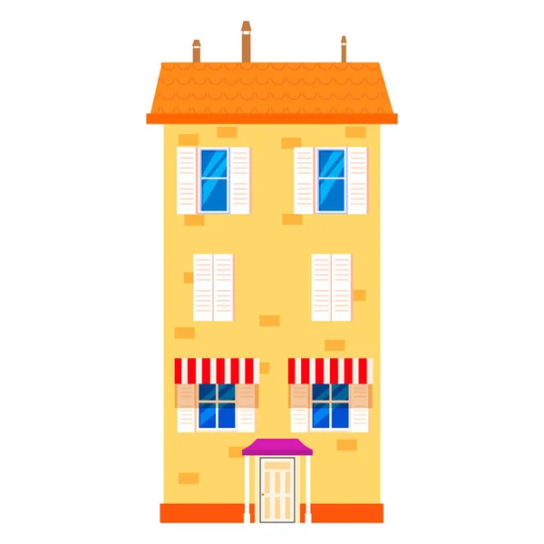 Casa de campo frente a casa vista, bienes raíces de colores. Edificio urbano suburbano de dibujos animados, ilustración vectorial — Vector de stock
