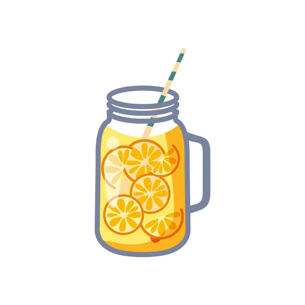Frasco de limão e pedreiro. Glasse com bebida orginacal natural feita de limões, toranjas, limas, laranja. Estilo de desenho animado vetorial — Vetor de Stock