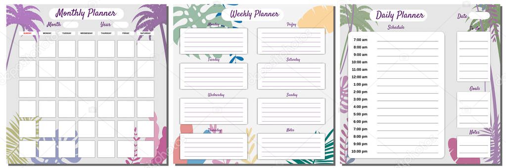 Monthly, Weekly, Daily Planner Set template vector. Palms floral decoration background, To Do list, goals, notes. Business notebook management, organizer