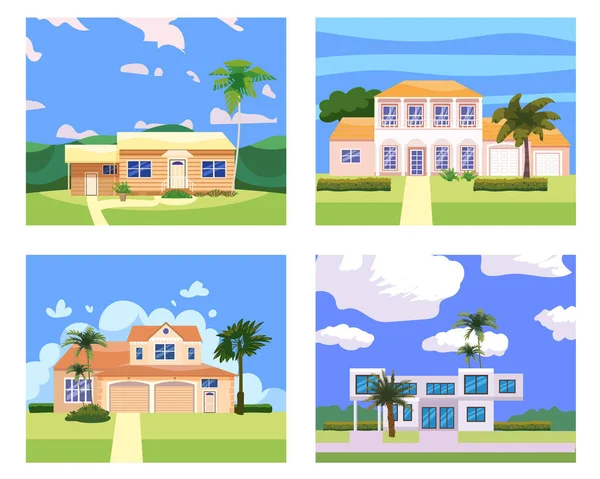 Bostadshus Byggnader i landskap tropiska träd, palmer. Hus exteriör fasader front view arkitektur familj stugor hus eller herrgårdar lägenheter, villa. Förortsegendom — Stock vektor