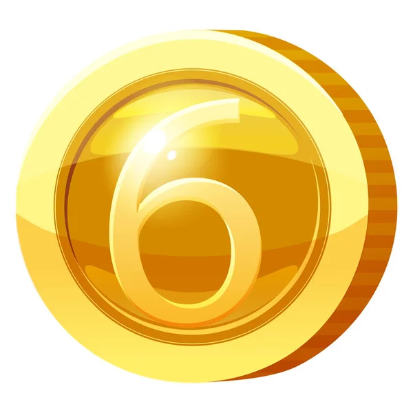 Goldmedaillen-Münze Nummer 6 Symbol. Golden Token für Spiele, Benutzeroberfläche Asset-Element. Vektorillustration — Stockvektor