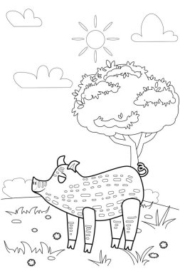 Şirin Domuz Çiftliği Hayvanları Çocuklar için Eğitici Çizimler Kitabı boyuyor. Kırsal manzara boyama sayfası. Vektör siyah beyaz çizgi film karakterleri