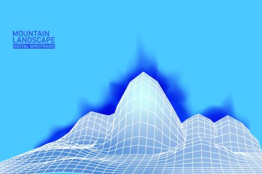 Dijital manzara dağlık soyut kablo çerçevesi. Üç boyutlu kablo şebekesi şebekesi illüstrasyon kavramı. Vektör arkaplanı