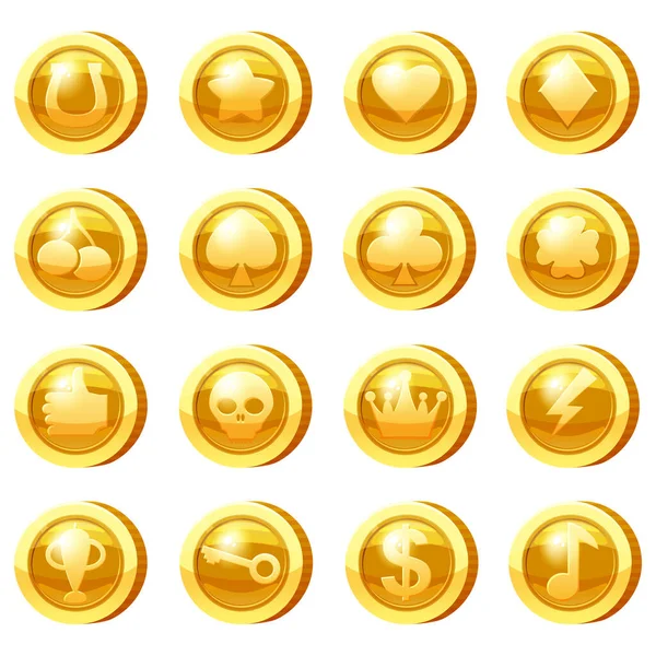 Állítsa arany érmék játék alkalmazások. Arany ikonok csillag, szív, klubok szív, tamburin, ásók, lóhere levél, lapát, korona, csavar, cseresznye, kulcsfontosságú szimbólumok játék UI, szerencsejáték. Vektorillusztráció — Stock Vector