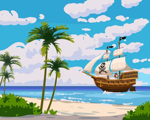 Tropical Island Pirate πλοίο που πλέουν στον ωκεανό, θησαυρός τροπικά, φοίνικες. Θάλασσα ακτή τοπίο, παραλία, άμμος, περιπέτεια, παιχνίδι. Εικονογράφηση διανύσματος — Διανυσματικό Αρχείο