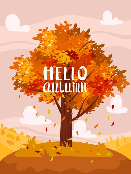 Automne arbre coloré, automne arrière-plan paysage rural, jaune feuilles orange. Lettrage Bonjour Automne, affiche, bannière. Illustration vectorielle style dessin animé — Image vectorielle