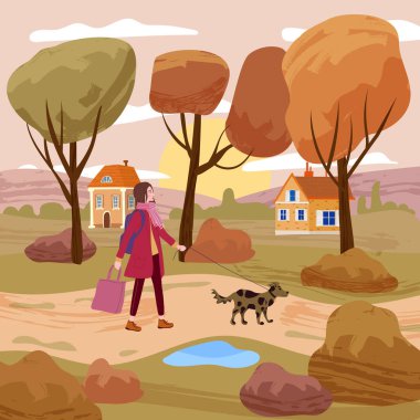 Genç kadın sonbahar şehir parkında köpeği gezdirir. Havalı bir görünüş, evcil hayvan, sonbahar havası. Vektör illüstrasyon pankartı