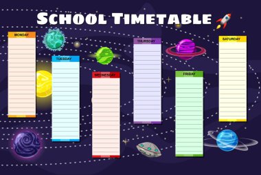 Okul takvimi haftalık uzay galaksisi, roket, gezegenler, güneş. Vektör şablonu zamanlaması, çizgi film biçimi illüstrasyonu