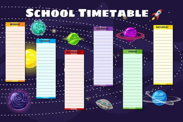Σχολείο Χρονοδιάγραμμα εβδομαδιαία Space Galaxy, πύραυλος, πλανήτες, ήλιος. Πρόγραμμα διανυσματικών προτύπων, εικονογράφηση στυλ κινουμένων σχεδίων — Διανυσματικό Αρχείο