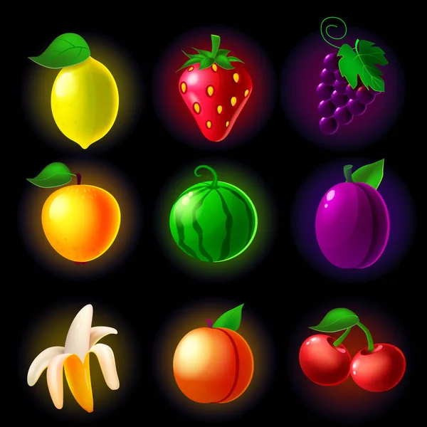 Conjunto de ícones de slot para máquinas de frutas. Símbolo de coleção clássico para jogos de azar, aplicativo móvel. Ilustração vetorial estilo cartoon —  Vetores de Stock