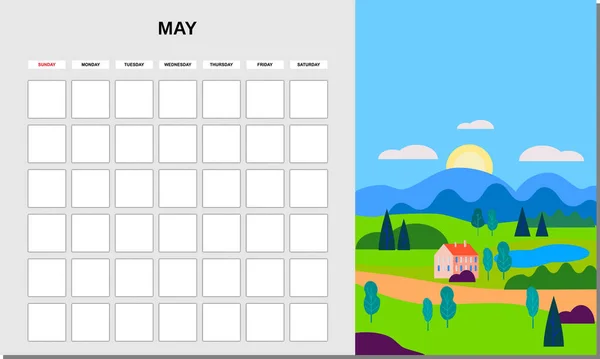 Kalendarz Planer Maj miesiąc. Minimalistyczny krajobraz naturalne tła Wiosna. Miesięczny wzór dziennika pracy. Wyizolowany wektor — Wektor stockowy