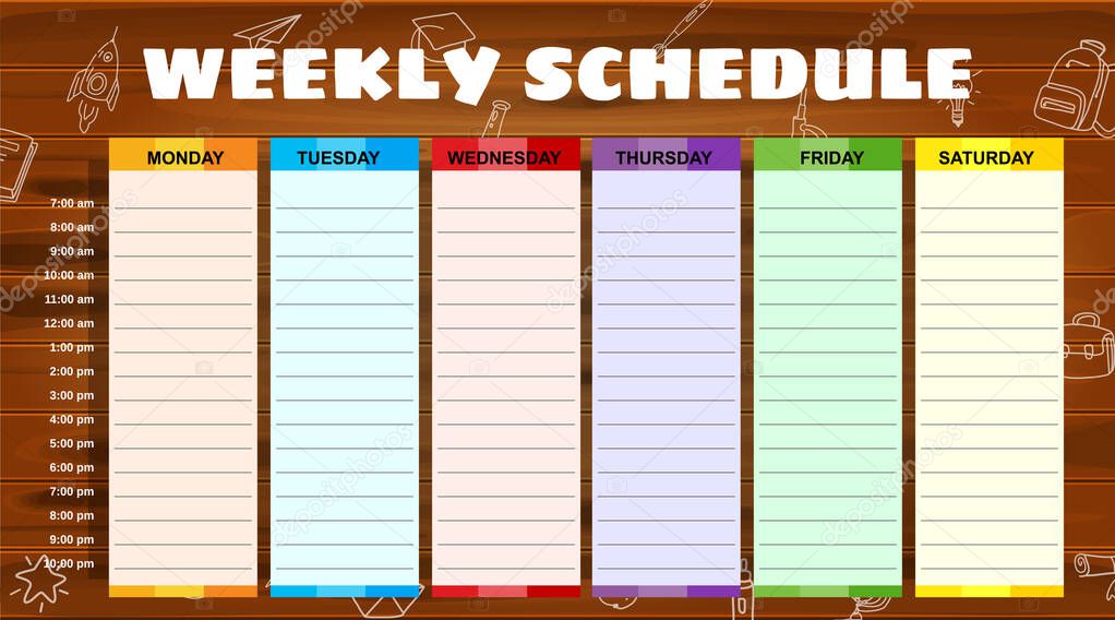 School Schedule weekly, hand drawn sketch icons of school supplies, pencils on woodboard. Vector template schedule, cartoon style