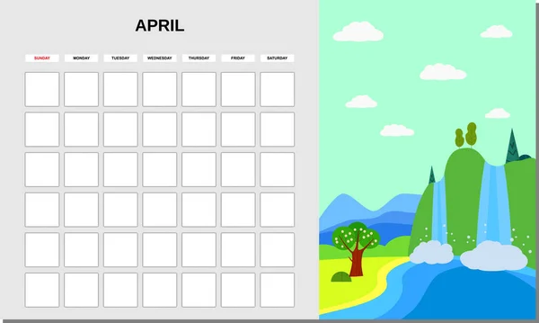 Planer kalendarza Kwiecień miesiąc. Minimalistyczny krajobraz naturalne tła Wiosna. Miesięczny wzór dziennika pracy. Wyizolowany wektor — Wektor stockowy