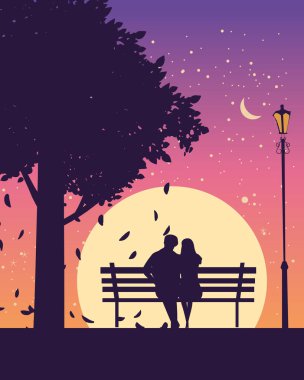 Parktaki bankta, ağacın altında, sonbaharda birkaç sevgili. Günbatımı, gece, yıldızlar. Vektör illüstrasyon silueti