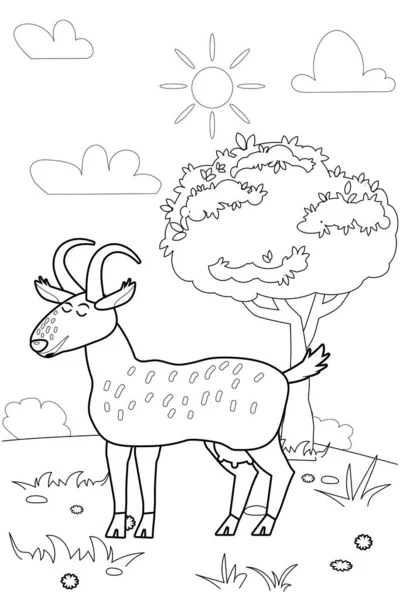 Carino capra fattoria animali da colorare libro illustrazione educativa per i bambini. Paesaggio rurale colorazione pagina. Vettore bianco nero contorno personaggio dei cartoni animati — Vettoriale Stock