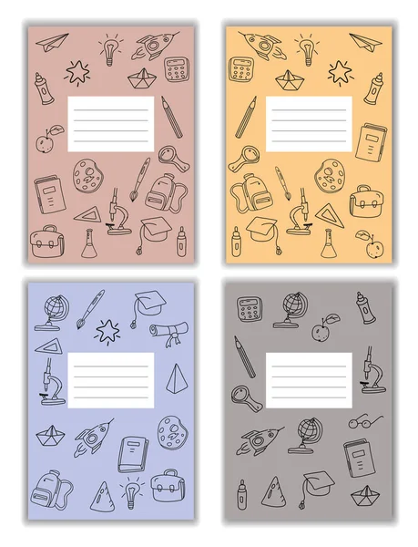 Set portada Notebook escuela garabatos iconos dibujado a mano. Portada de plantilla para diario, folleto, póster, cuaderno de bocetos. Ilustración vectorial — Archivo Imágenes Vectoriales