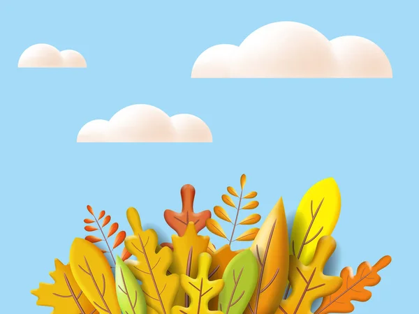 Sonbahar yaprakları 3 boyutlu sarı, kırmızı, kahverengi, turuncu renkler. Düşen buket, beyaz bulut. Asgari 3d hazırlama plastikini, vektör illüstrasyon afişi, poster — Stok Vektör