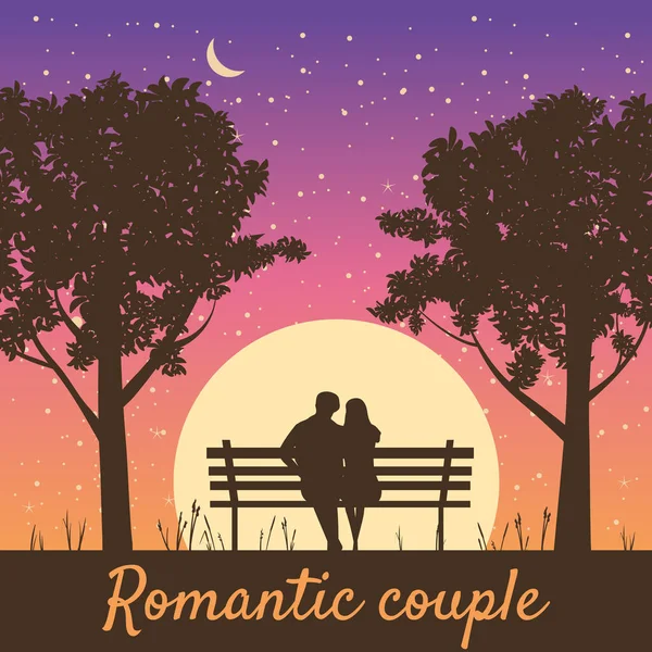 Romantico coppia amanti su panchina nel parco, sotto gli alberi. Tramonto, notte, stelle. Vettore Felice San Valentino illustrazione, silhouette — Vettoriale Stock