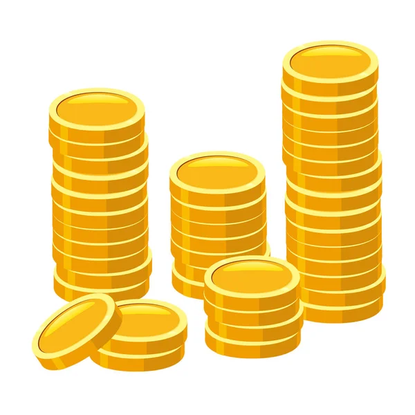 Goldmünzen stapeln sich. Berge von goldenem Geld stapeln sich in Stapeln, Finanzwährungen Aktien. Illustration im Vector-Cartoon-Stil — Stockvektor