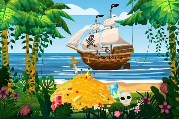 Pirate ship under sail in ocean. Tropical Island, treasure gold pile, tropical, palms, floral, plants. Sea landscape coast, beach, sand, adventure, game. Vector illustration — Stock Vector