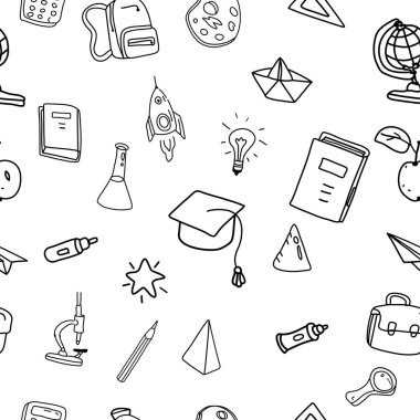 Okul karalamaları, pürüzsüz. Okul çizgisi simgeleri, malzemeler, elementler. El çizilmiş scetches vektör illüstrasyon arka planı