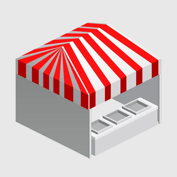 Isometrischer Marktstand, Zelt. Markise, Kiosk, Theke, weiß-rote Fäden für Messe, Streetfood, Markt, Lebensmittel. Vektor isoliert — Stockvektor