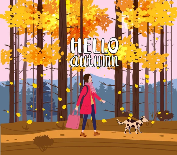 Merhaba Autumn, sonbahar ormanında gezen genç bayan. Sonbahar havası. Vektör illüstrasyon afişi, poster, afiş, kartpostal, — Stok Vektör