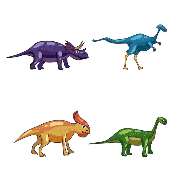 Set divertente dinosauro preistorico Triceratops, Brontosaurus. Collezione antichi mostri selvatici rettili stile cartone animato. Vettore isolato — Vettoriale Stock