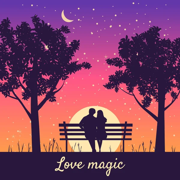 Romántico Pareja amantes en el banco en el parque, bajo los árboles. Puesta de sol, noche, estrellas. Vector Feliz día de San Valentín ilustración, silueta — Vector de stock