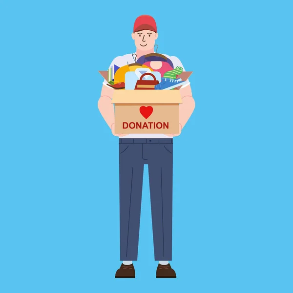 ボランティアの男性は、服、本、靴と寄付箱をお届けします。難民や貧しい子供たちのために。意識と慈善の概念,ベクトル,イラストフラット漫画スタイル — ストックベクタ