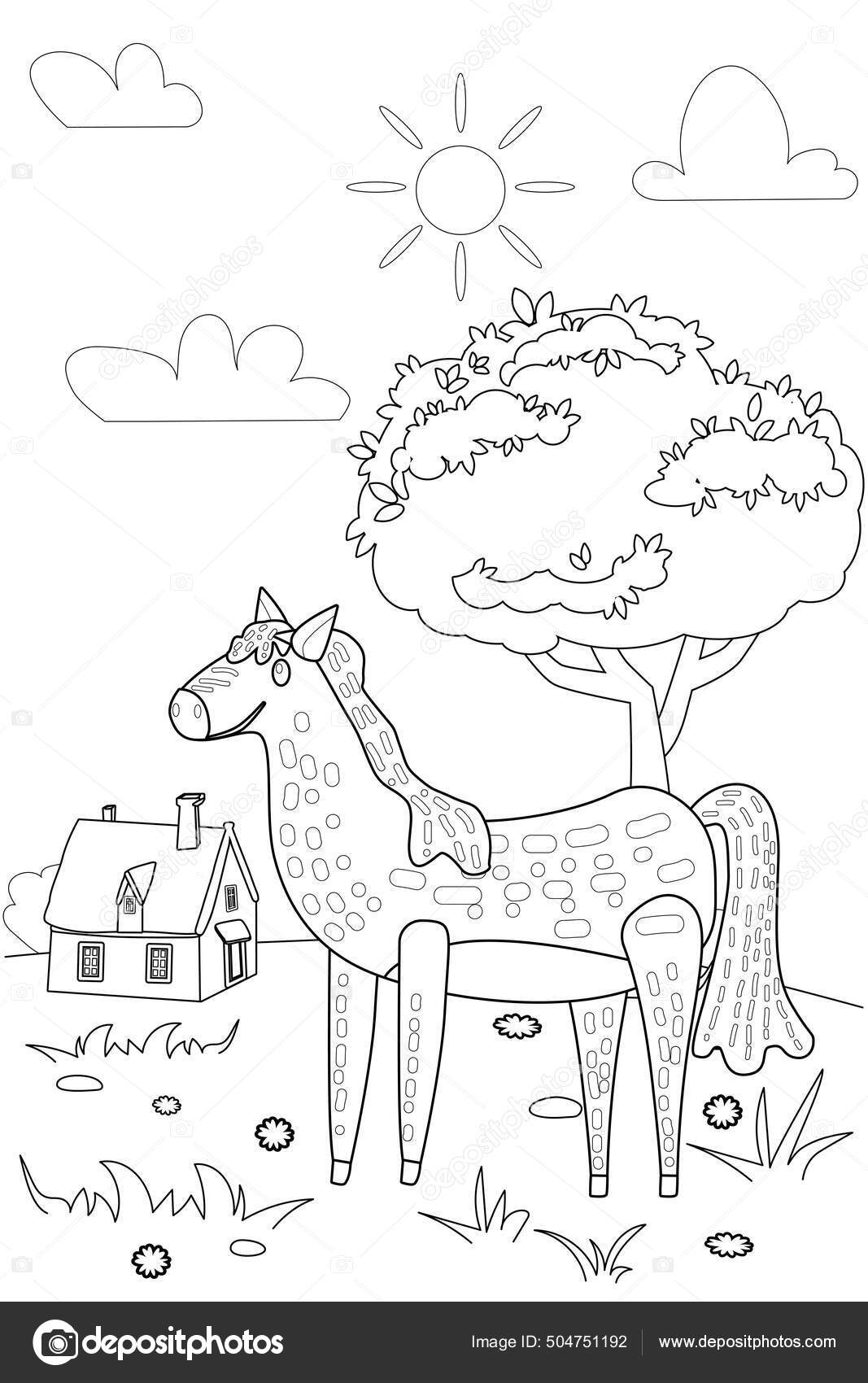 Ilustração em vetor de personagens de desenhos animados de cavalos fofos  para crianças, livro de colorir
