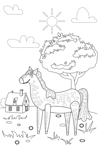 Carino cavallo fattoria animali da colorare libro illustrazione educativa per i bambini. Paesaggio rurale colorazione pagina. Vettore bianco nero contorno personaggio dei cartoni animati — Vettoriale Stock