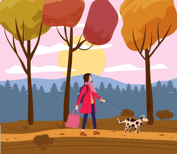 Fiatal nő sétáltatja a kutyát az őszi park ösvényén. Trendi divatos megjelenés háziállattal, őszi hangulat. Vektor illusztrációs banner — Stock Vector