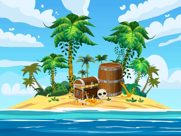 Тропический остров сокровищ, древний пиратский сундук с сокровищами, бочка, череп, экзотические растения, пальмы, море, океан, облака. Морской пейзаж побережья, пляж, песок, приключение, игра. Векторная иллюстрация — стоковый вектор