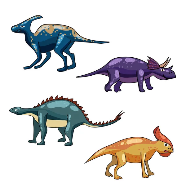Ensemble drôle dinosaure préhistorique Triceratops, Brontosaurus. Collection anciens monstres sauvages reptiles style dessin animé. Vecteur isolé — Image vectorielle