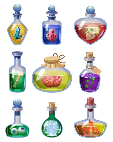 Σετ από μπουκάλια μαγικό φίλτρο. Εικονίδια παιχνίδι υγρό ελιξίριο πολύχρωμο με scull, κρύσταλλο, κόκκαλο, αίμα, βάτραχος, λουλούδι, μανιτάρι, πέτρα. Εφαρμογή περιουσιακό στοιχείο Vector game UI — Διανυσματικό Αρχείο