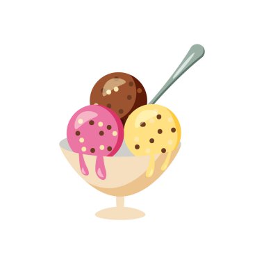 Dondurma farklı tatlar taze yaz tatlısını kaşıkla bir kasede. Vektör illüstrasyon çizgi filmi