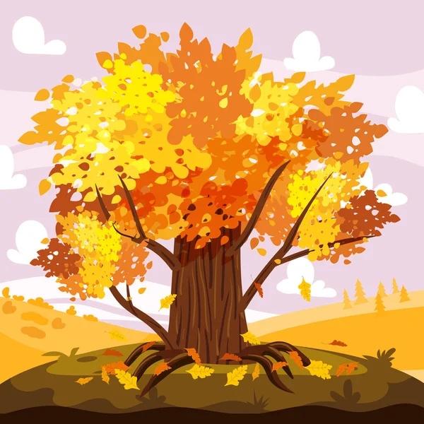 Autumn Oak tree landscape, city park. Fall, trees in yellow orange foliage, panorama, horizon. Vector background illustration, poster — Stock Vector